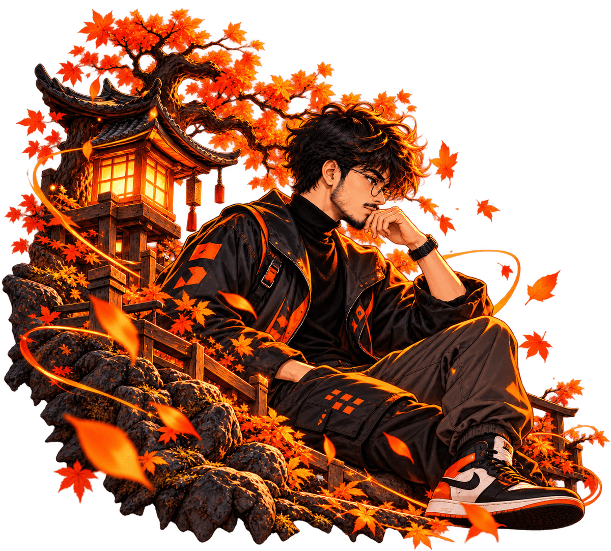 Glowing Autumn Shrine Under Blossoms